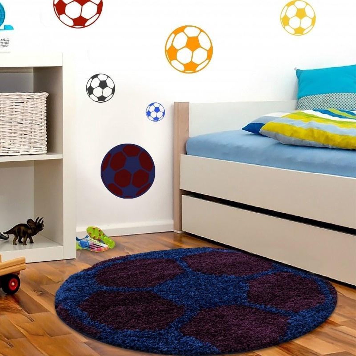 Kinderkleed, voetbaldesign, marineblauw, kleed voor kinderkamer, jute achterkant, afmeting: 100 cm rond