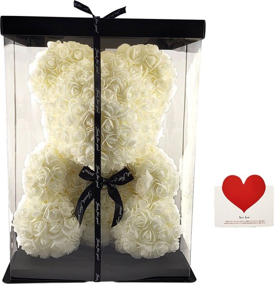 Rozen Bear XL - Teddy Bear Rose - 39 cm - Avec Carte - Coffret Cadeau - Cadeau Fête des Mères - Roses - Mariage - Cadeau pour la mère d'une petite amie - Wit - Qwality