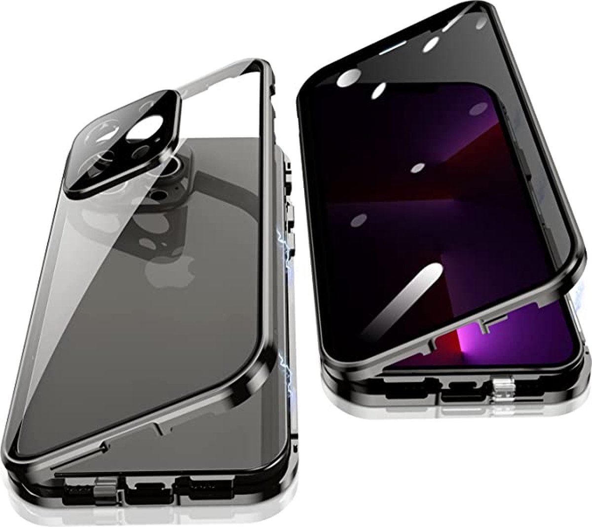 Fiquesa Autri® - Iphone 13 pro hoesje - zwart - privacy scherm - Dubbelzijdig glas protector - metalen bumper