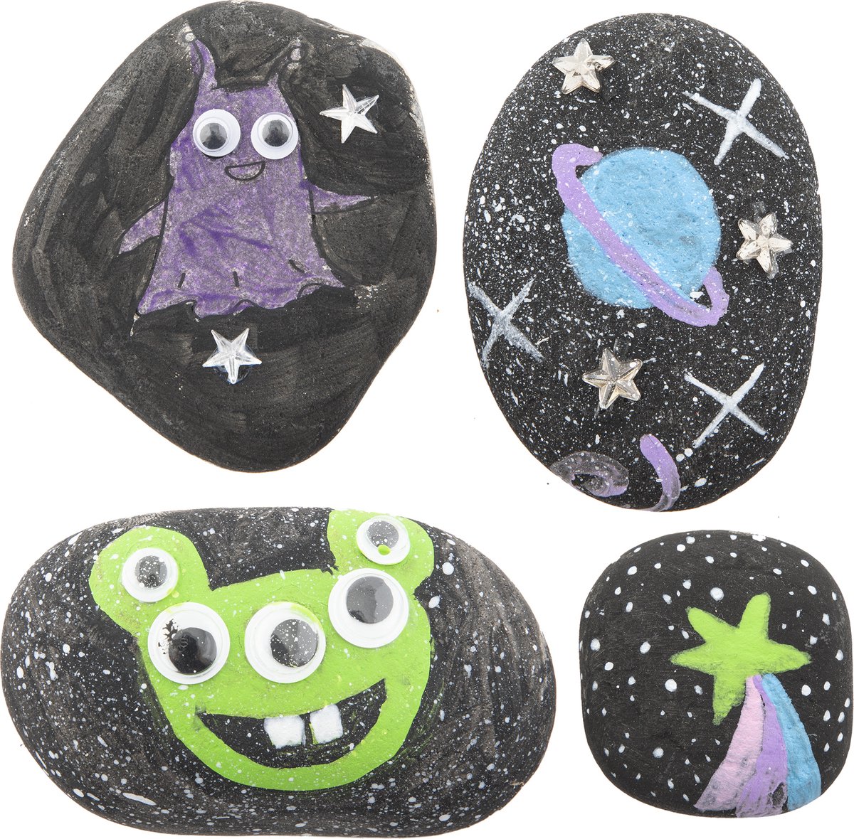 Grafix Galaxy Rock Painting - Set voor Happy Stones met 3 stenen, 5 kleuren verf, zilveren sterren en stickervel - Creatief speelgoed voor kinderen vanaf 5 jaar - Inclusief kwast — afbeelding 8