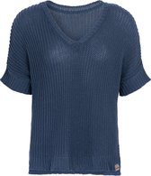 Knit Factory Daisy Gebreide Dames Top - Trui met korte mouwen - Gebreide t-shirt - T-shirt - Shirt gemaakt van 80% gerecyceld katoen - Duurzaam & milieuvriendelijk - Korte mouw - V-hals - Jeans - Donkerblauw - 36/44