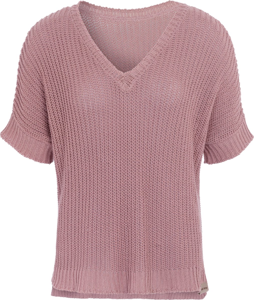 Knit Factory Daisy Gebreide Dames Top - Trui met korte mouwen - Gebreide t-shirt - T-shirt - Shirt gemaakt van 80% gerecyceld katoen - Duurzaam & milieuvriendelijk - Korte mouw - V-hals - Oud Roze - 36/44