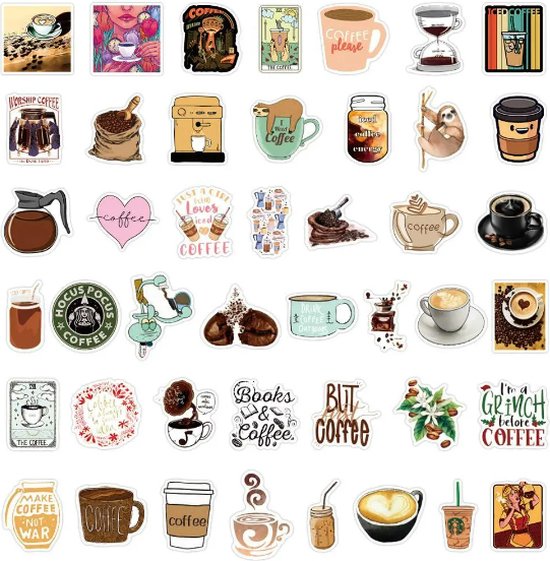 Koffie Stickers 50 Stuks | Koffiebonen Stickers | Thema Koffie | Laptop Stickers | Decoratie | Stickers Kinderen | Stickers Volwassenen | Stickervellen | Plakstickers | Koffer Stickers | Stickers Bullet Journal | Planner Stickers - Merkloos