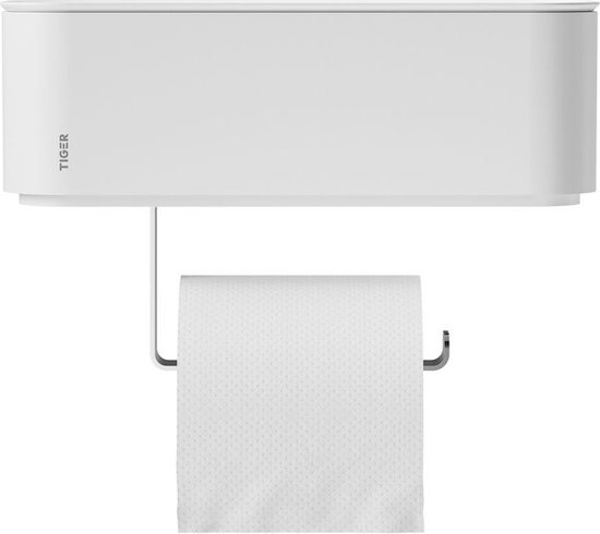 Porte-rouleau toilette blanc avec un bac de rangement fermé et un porte-rouleau chromé.