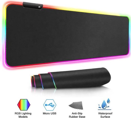 Gaming muismat RGB mousepad, 800 x 300 mm, XXL, groot met 14 verlichtingsmodi en 7 led-kleuren, waterdicht, antislip, voor computer, PC, voor professionele gamers, zwart