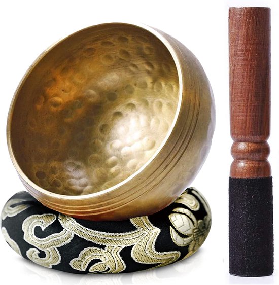 Tibetaanse Klankschaal - incl. Aanstrijkhout & Kussen - Klank Schaal - Meditatie, Yoga, Chakra - Zwart - 12 cm