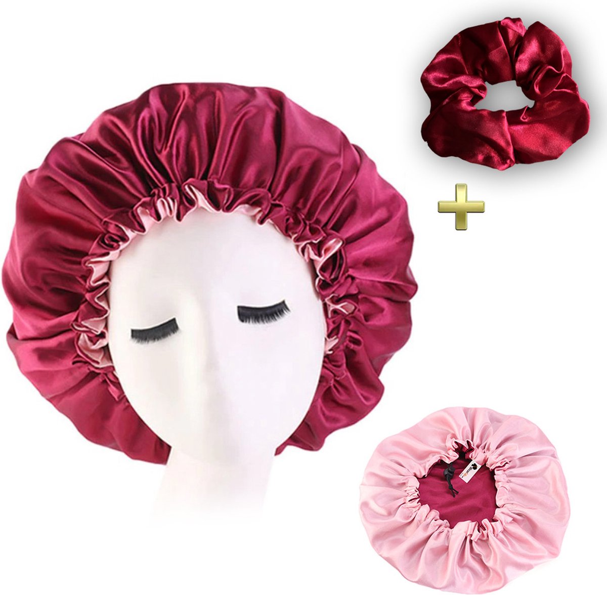Satijnen slaapmuts + scrunchie – Bonnet voor slapen – Rood