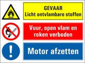 Licht ontvlambare stoffen, vuur open vlam en roken verboden, motor afzetten bord 600 x 450 mm - kunststof