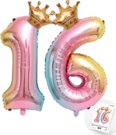 Cijfer Ballon nummer 16 - Prins - Prinses - Royal Rainbow - Ballon - Regenboog Unicorn Kleuren - Prinsessen Verjaardag