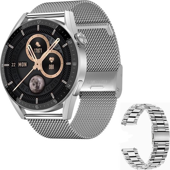 DrPhone ModelX6 – 46MM Smartwatch + Stappenteller – Bluetooth Smartwatch Met Belfunctie – Smartwatch 200+ Watchfaces – Hartslagmeter - Aluminium Zilver