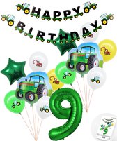 Cijfer ballon 9 jaar Trekker - Tractor Mega Pakket Inclusief Happy Birthday Slinger - Boer - Boerderij - Themafeest Ballonnenpakket - Groen - Helium Ballon - Snoes