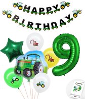 Cijfer ballon 9 jaar Trekker - Tractor Plus Pakket Inclusief Happy Birthday Slinger - Boer - Boerderij - Themafeest Ballonnenpakket - Groen - Helium Ballon - Snoes