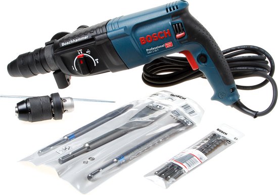 Bosch boorhamer met accessoires: extra boortjes en een boorhouder. Blauw, zwart en rood.