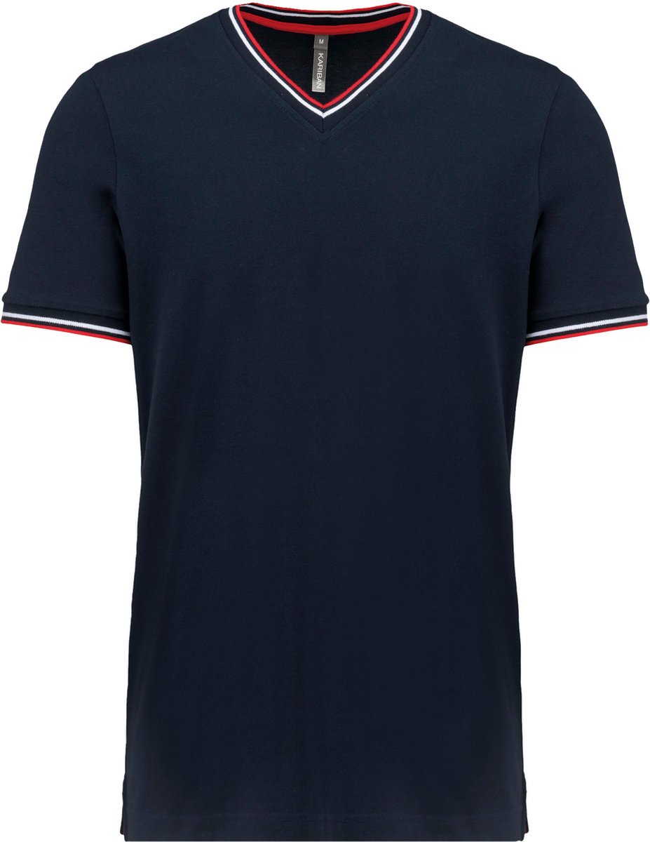 Donkerblauw met Rood-wit t-shirt met streepje bij kraag en mouw V-hals merk Kariban maat M