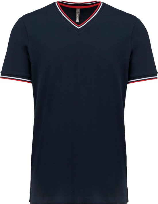 Donkerblauw met Rood-wit t-shirt met streepje bij kraag en mouw V-hals merk Kariban maat XL