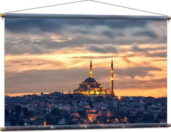 WallClassics - Textielposter - Süleymaniye-Moskee op Begin van de Avond in Istanbul, Turkije - 120x80 cm Foto op Textiel