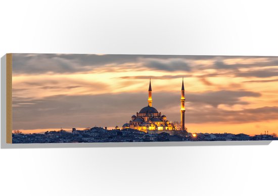 WallClassics - Hout - Süleymaniye-Moskee op Begin van de Avond in Istanbul, Turkije - 90x30 cm - 9 mm dik - Foto op Hout (Met Ophangsysteem)