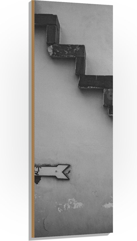 Hout - Trap voor Witte Muur in het Zwart- wit met Bordje Exit - 50x150 cm - 9 mm dik - Foto op Hout (Met Ophangsysteem)