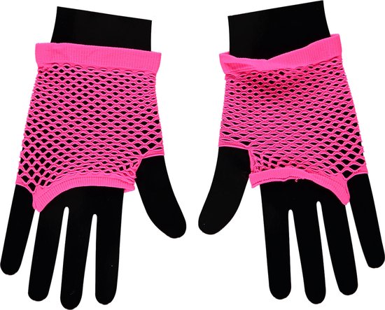 Apollo - Visnet handschoenen - Korte handschoenen - Fluor Rose - One Size - Kanten handschoenen - Neon verkleedkleding - Feestkleding - Carnaval