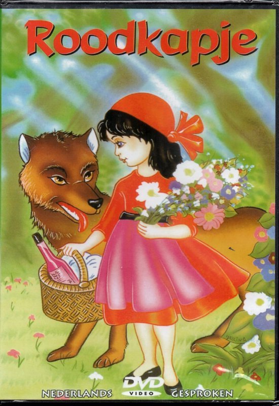 Roodkapje in rood jurkje met mandje bloemen en flesje, naast een wolf in bosrijk decor. Nederlandse DVD.