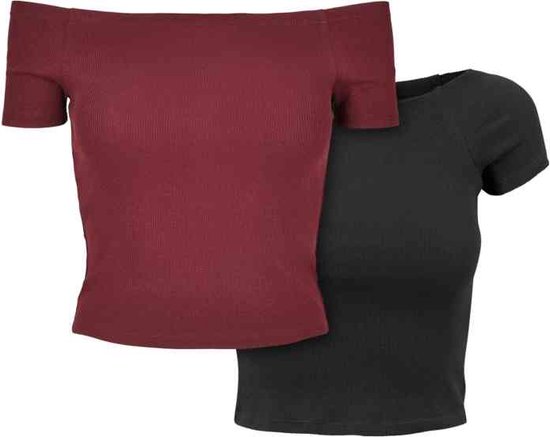 Urban Classics - Rib Tee 2-Pack Off shoulder top - XS - Bordeaux rood/Zwart