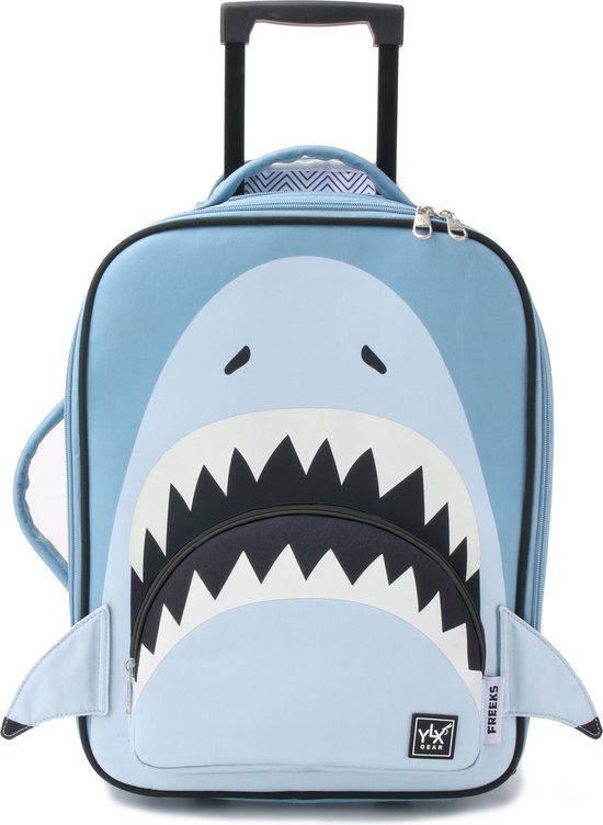 YLX Gear & Freek Vonk | Shark Bite Trolley Bag | Rifhaai. Rifhaai met glowing in the dark tanden voor jongens & meisjes. Blauw - Handbagage - Zachte koffer - Trolley - Reiskoffer - Trolley kinderen - Haaien print - dieren