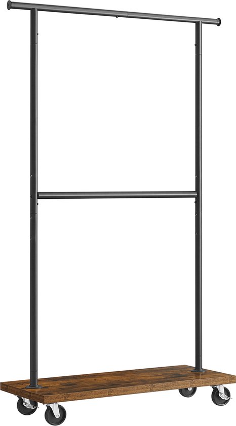 Signature Home verstelbare Kledingrek - kapstok met wielen - met uitschuifbare stang - industrieel voor slaapkamer - woonkamer - hal - vintage bruin/zwart -40 x (110-170) x 200 cm