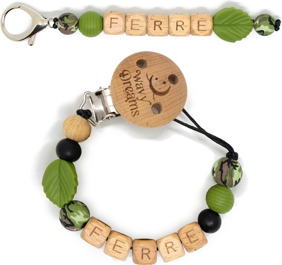 Wavy Dreams - Combiset Speenkoord & Sleutelhanger / Luiertashanger - Speenkoord met naam - Jongen - Kraamcadeau - Groen Camouflage - Speenketting met naam - Sleutelhanger met naam - Model Ferre