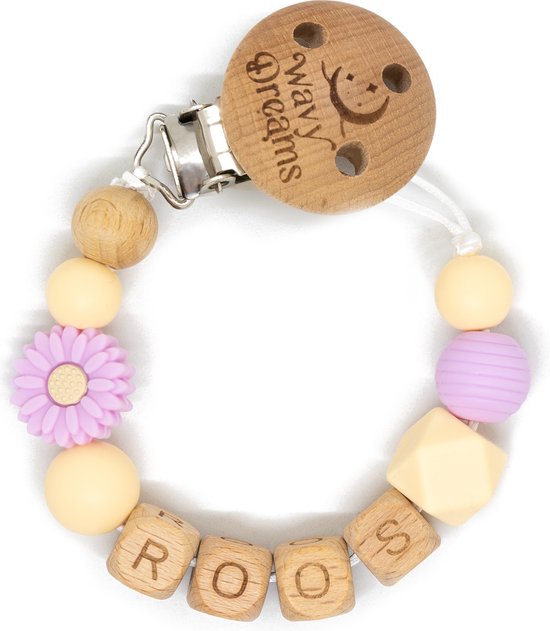 Wavy Dreams - Combiset Speenkoord & Sleutelhanger / Luiertashanger - Speenkoord met naam - Meisje - Kraamcadeau - Roze Pastel - Speenketting met naam - Sleutelhanger met naam - Model Roos van Wavy Dreams — afbeelding 4