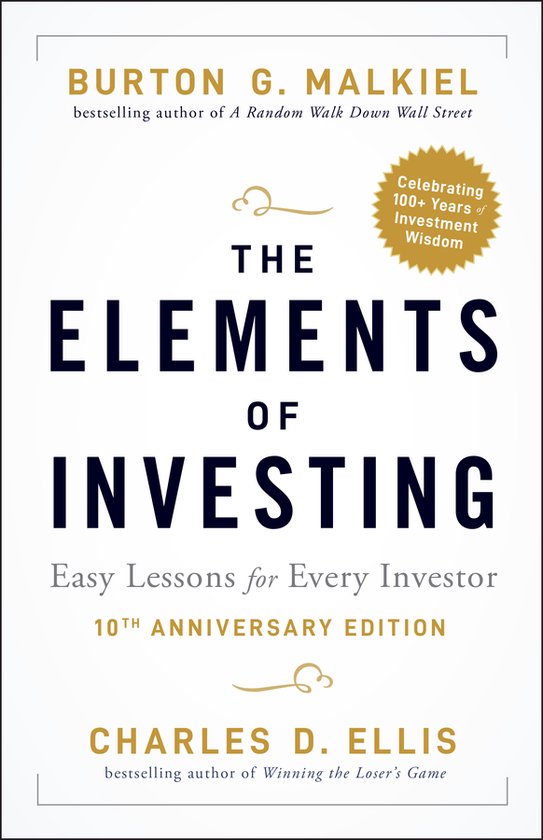 Livre, 'The Elements of Investing', 10ème édition anniversaire, avec texte doré et noir.