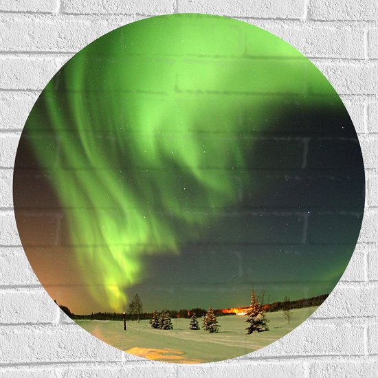 Muursticker Cirkel - Noorderlicht bij Sneeuwlandschap - 70x70 cm Foto op Muursticker
