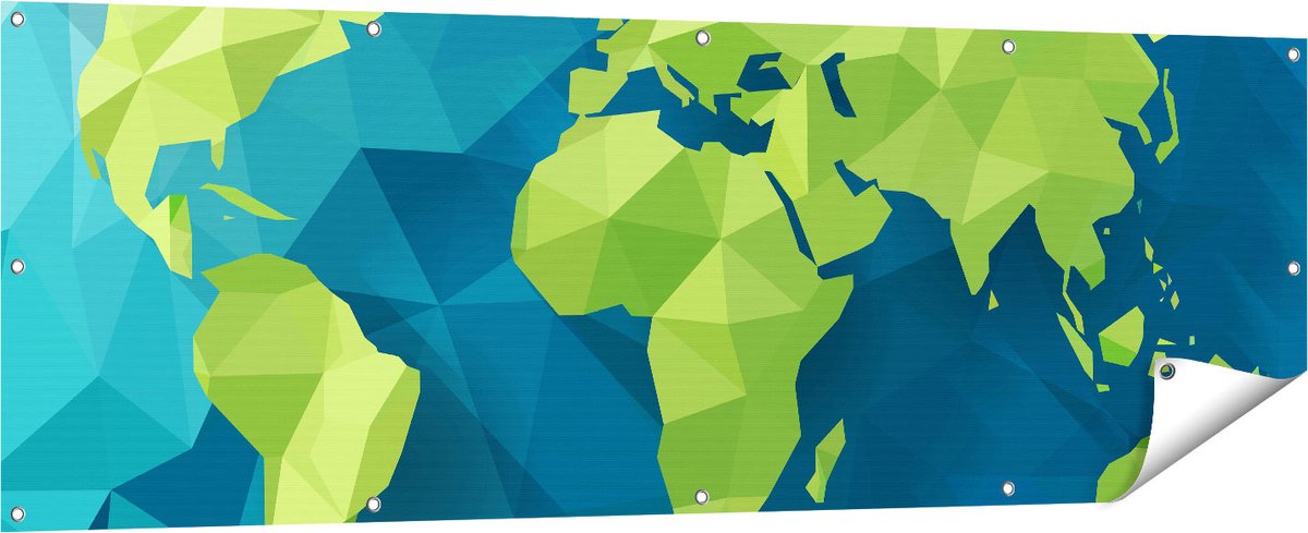 Gards Tuinposter Hoekige Origami Wereldkaart - Abstract - 180x60 cm - Tuindoek - Tuindecoratie - Wanddecoratie buiten - Tuinschilderij Multikleur