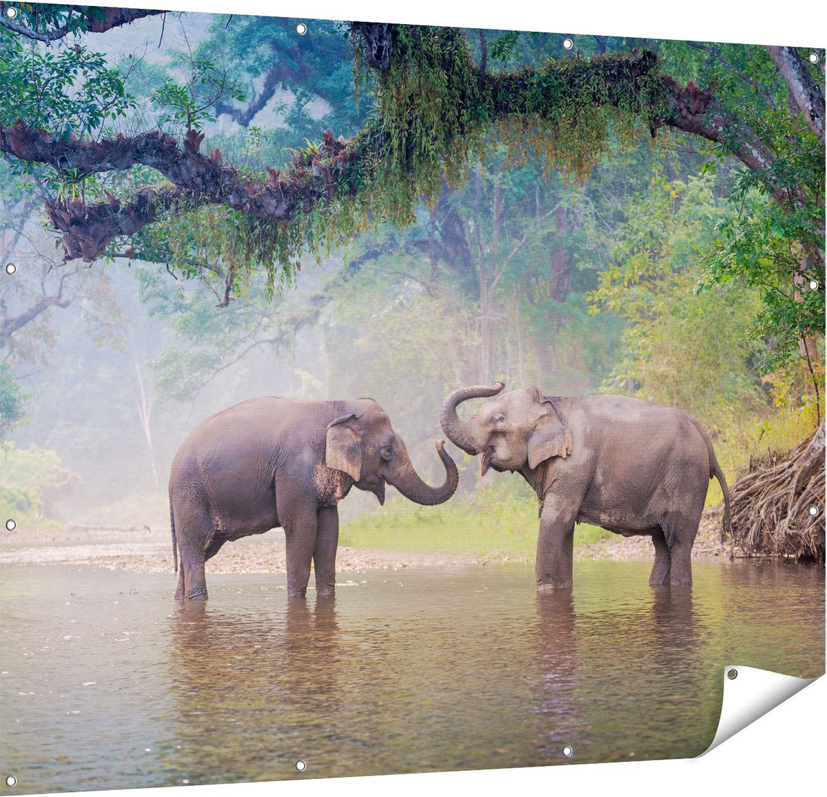 Gards Tuinposter Twee Olifanten in het Water - 150x120 cm - Tuindoek - Tuindecoratie - Wanddecoratie buiten - Tuinschilderij Multikleur