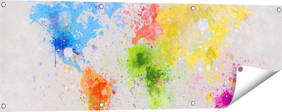 Gards Tuinposter Wereldkaart met Verfvlekken - Abstract - 120x40 cm - Tuindoek - Tuindecoratie - Wanddecoratie buiten - Tuinschilderij Multikleur