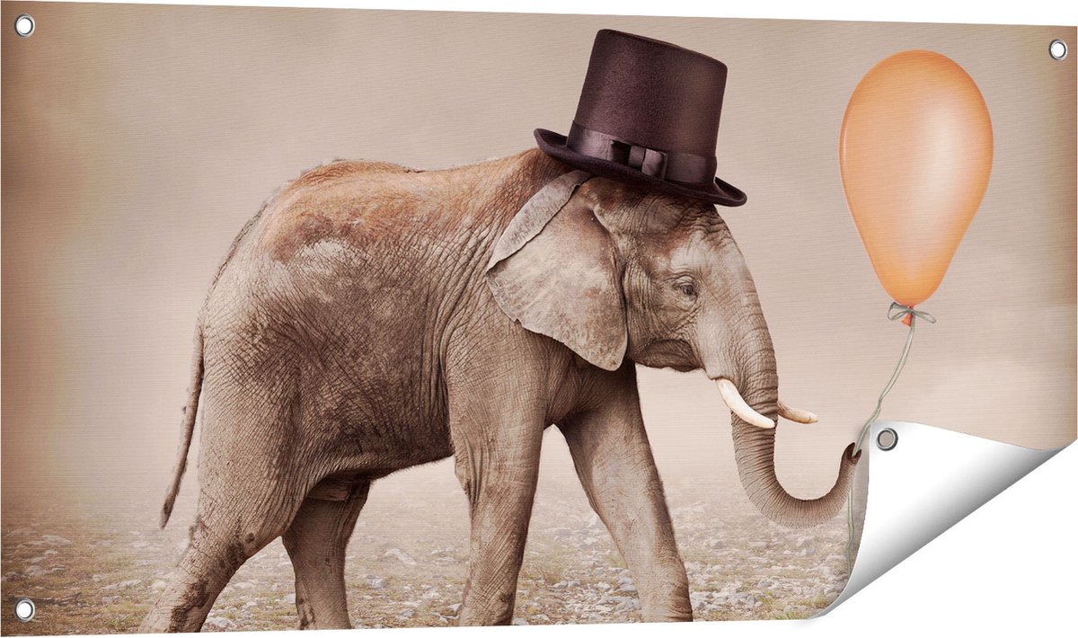 Gards Tuinposter Olifant met een Oranje Ballon - Hoedje - 100x50 cm - Tuindoek - Tuindecoratie - Wanddecoratie buiten - Tuinschilderij Multikleur