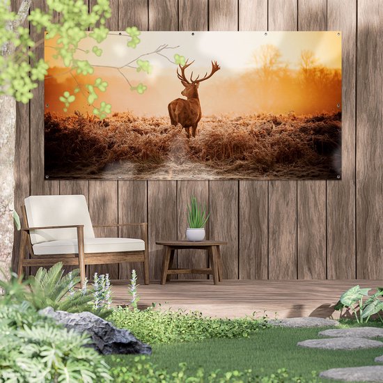 Gards Affiche de jardin Cerf dans le pré au lever du soleil - 200x100 cm - Toile jardin - Décoration de jardin - Décoration murale extérieur - Tableau jardin