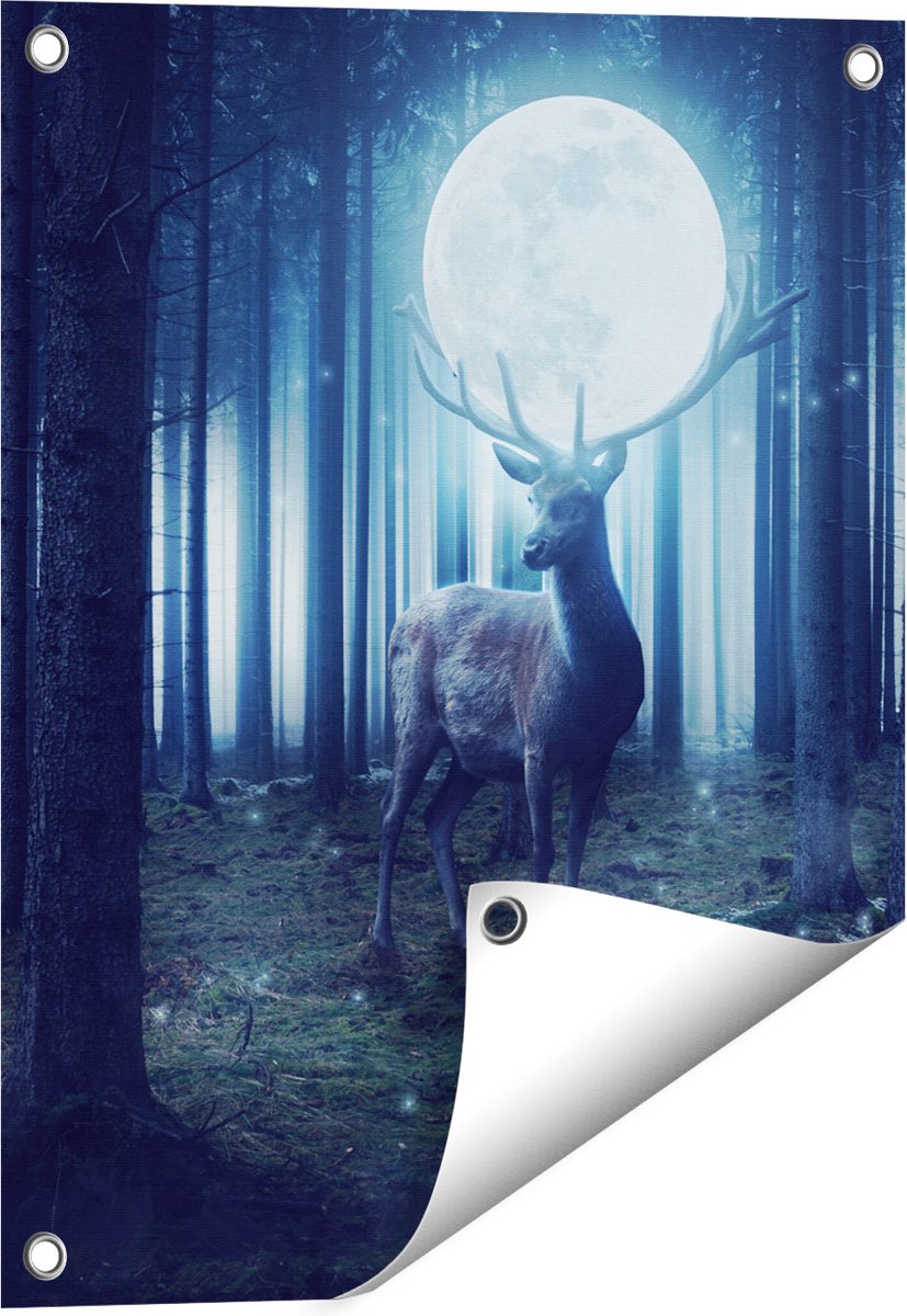 Gards Tuinposter Hert in het Bos tijdens Volle Maan - 40x50 cm - Tuindoek - Tuindecoratie - Wanddecoratie buiten - Tuinschilderij Multikleur
