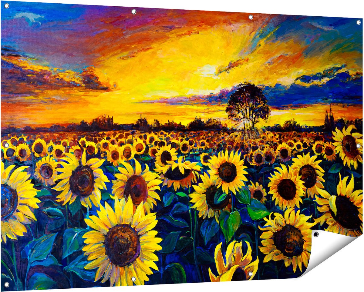 Gards Tuinposter Getekende Zonnebloemen Veld met Olieverf - 150x100 cm - Tuindoek - Tuindecoratie - Wanddecoratie buiten - Tuinschilderij Multikleur