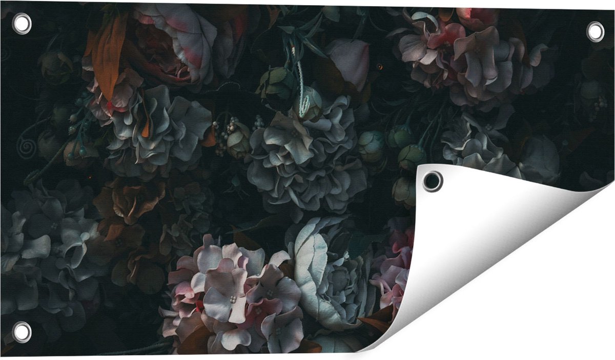 Gards Tuinposter Bloemen in het Donker - Duisternis - 60x30 cm - Tuindoek - Tuindecoratie - Wanddecoratie buiten - Tuinschilderij Multikleur