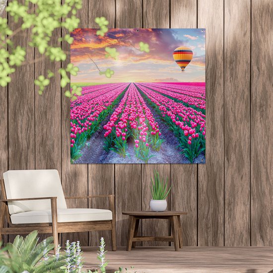Gards Poster de Jardin Champ de Fleurs avec Tulipes Roses - Montgolfière - 100x100 cm - Toile Jardin - Décoration de jardin - Décoration murale Extérieure - Tableau Jardin