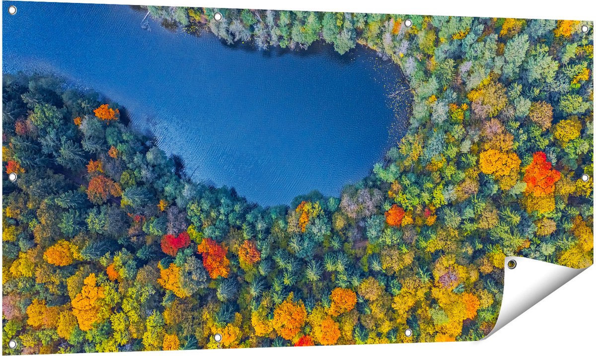 Gards Tuinposter Kleurrijke Bos met Bomen naast een Meer - 140x70 cm - Tuindoek - Tuindecoratie - Wanddecoratie buiten - Tuinschilderij Multikleur