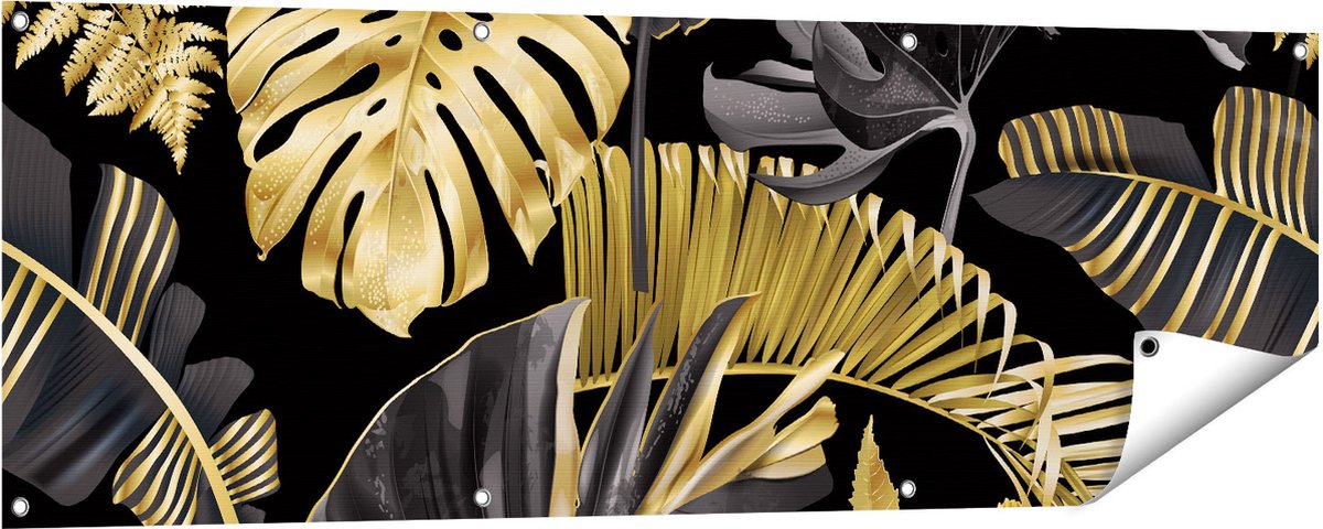 Gards Tuinposter Gouden Tropische Bladeren - 150x50 cm - Tuindoek - Tuindecoratie - Wanddecoratie buiten - Tuinschilderij Multikleur