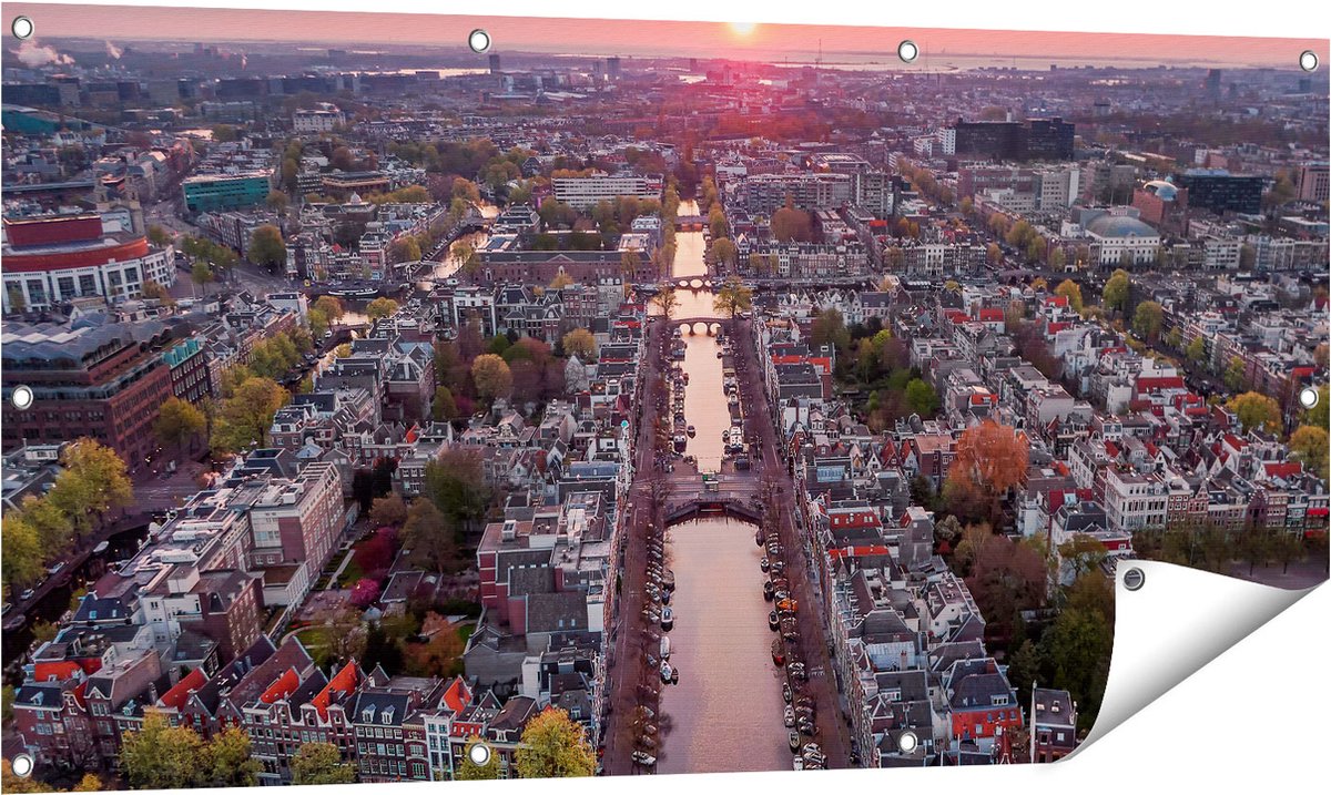 Gards Tuinposter Bovenaanzicht Amsterdam met Zonsondergang - 120x60 cm - Tuindoek - Tuindecoratie - Wanddecoratie buiten - Tuinschilderij Multikleur