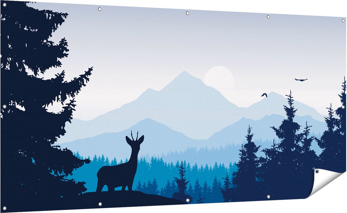 Gards Tuinposter Hert in het Bos - Silhouet - 200x100 cm - Tuindoek - Tuindecoratie - Wanddecoratie buiten - Tuinschilderij Multikleur