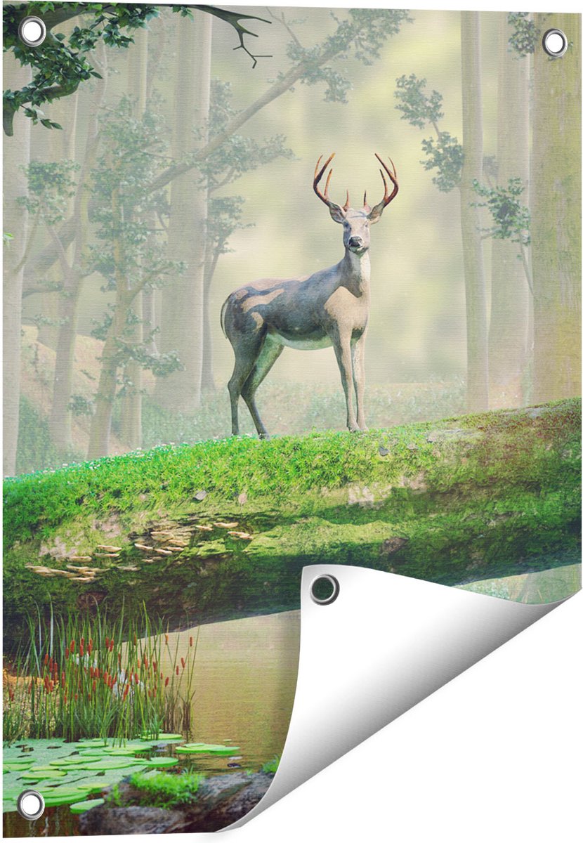 Gards Tuinposter Hert in het Bos op een Boom - 40x50 cm - Tuindoek - Tuindecoratie - Wanddecoratie buiten - Tuinschilderij Multikleur
