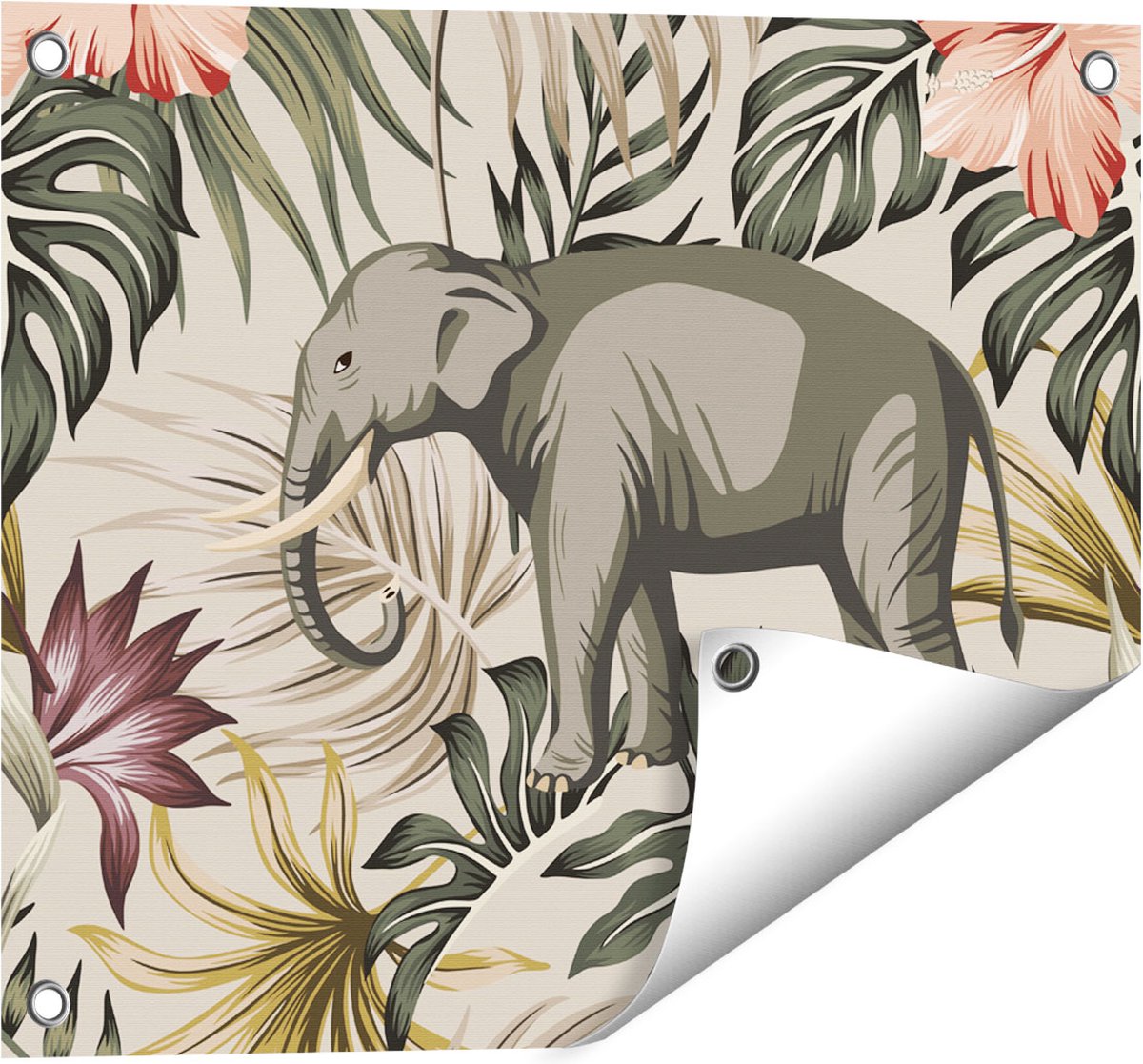Gards Tuinposter Tropisch Getekende Olifant - Abstract - 50x40 cm - Tuindoek - Tuindecoratie - Wanddecoratie buiten - Tuinschilderij Multikleur