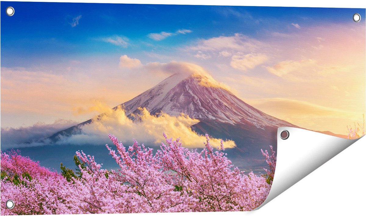 Gards Tuinposter Fuji Berg met Roze Bloesembomen - Bloemen - 80x40 cm - Tuindoek - Tuindecoratie - Wanddecoratie buiten - Tuinschilderij Multikleur