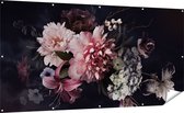 Gards Tuinposter Diverse Bloemen op Zwart Achtergrond - 200x100 cm - Tuindoek - Tuindecoratie - Wanddecoratie buiten - Tuinschilderij
