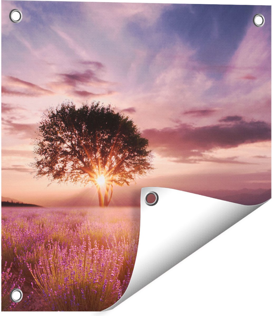 Gards Tuinposter Bloemenveld met Lavendel bij Zonsondergang - 40x40 cm - Tuindoek - Tuindecoratie - Wanddecoratie buiten - Tuinschilderij Multikleur