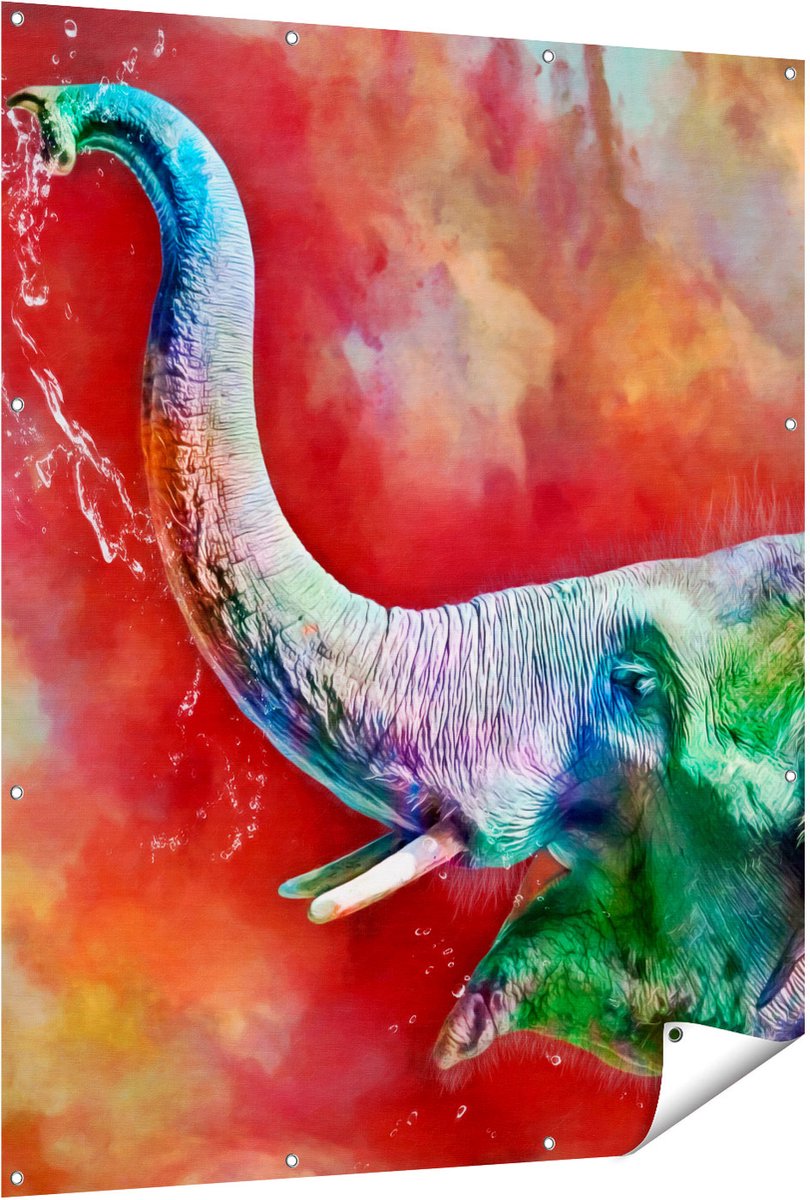 Gards Tuinposter Getekende Vrolijke Olifant - Abstract - 120x150 cm - Tuindoek - Tuindecoratie - Wanddecoratie buiten - Tuinschilderij Multikleur